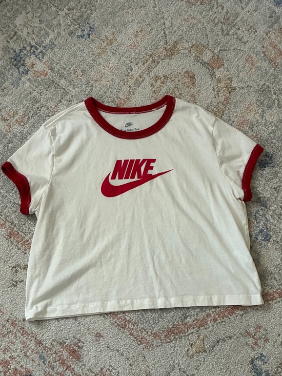 Nike Tops - Vintage Nike White Baby Tee with Red Logo and Trim-Size L-